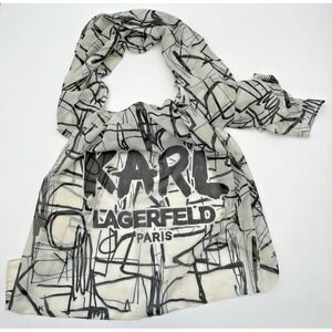 Karl Lagerfeld Paris Sheer Silk Scarf Black White Graphic Scribble Print Street